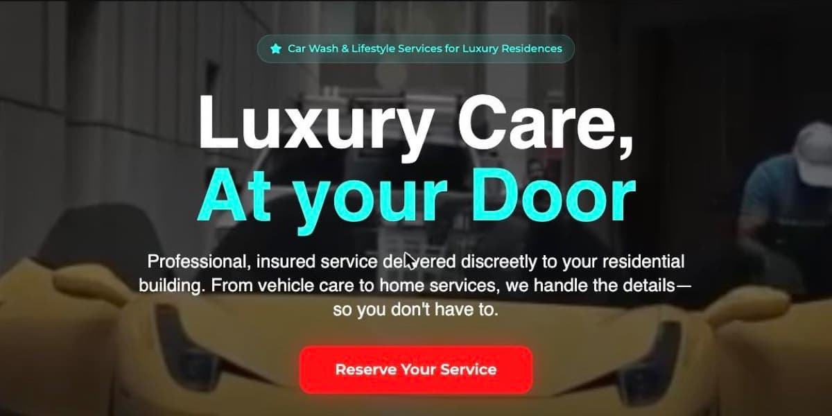 The Washee booking site: the headline “Luxury Care, At your Door” over a car being detailed, with a “Reserve Your Service” button.